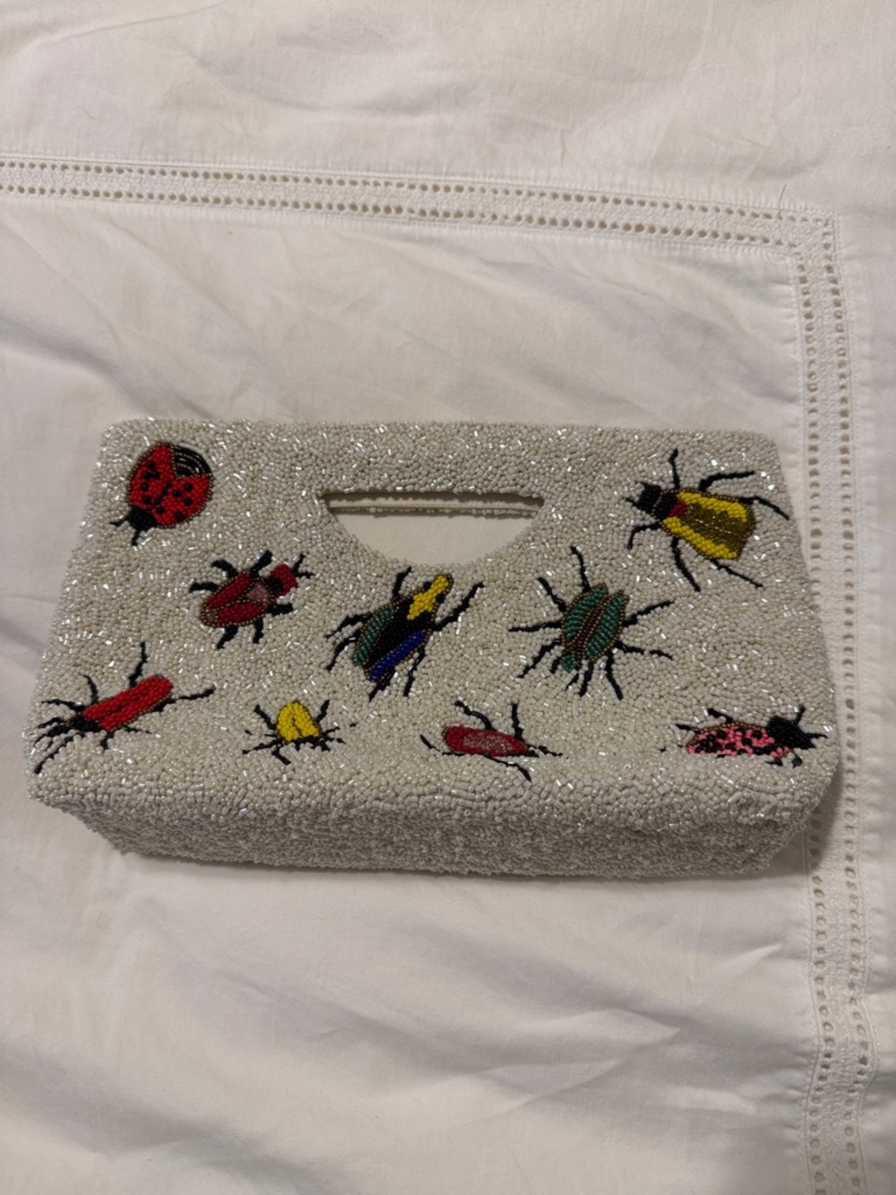Tiana New York Beaded White Bug Embellished Clutch with Top Cutout Handle